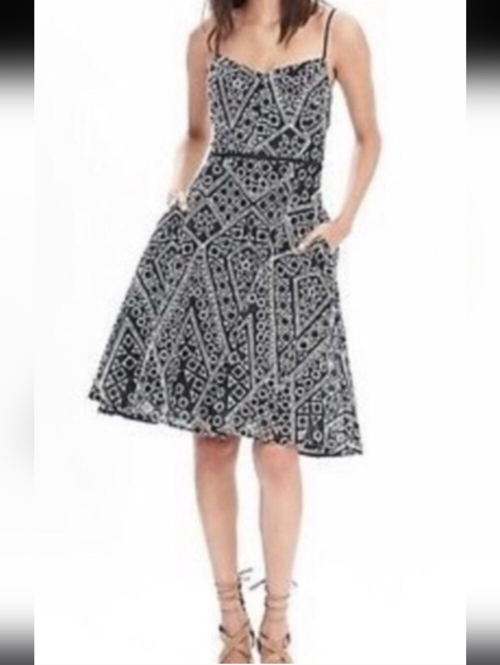 Banana Republic Black and White Printed Spaghetti-Strap Dress